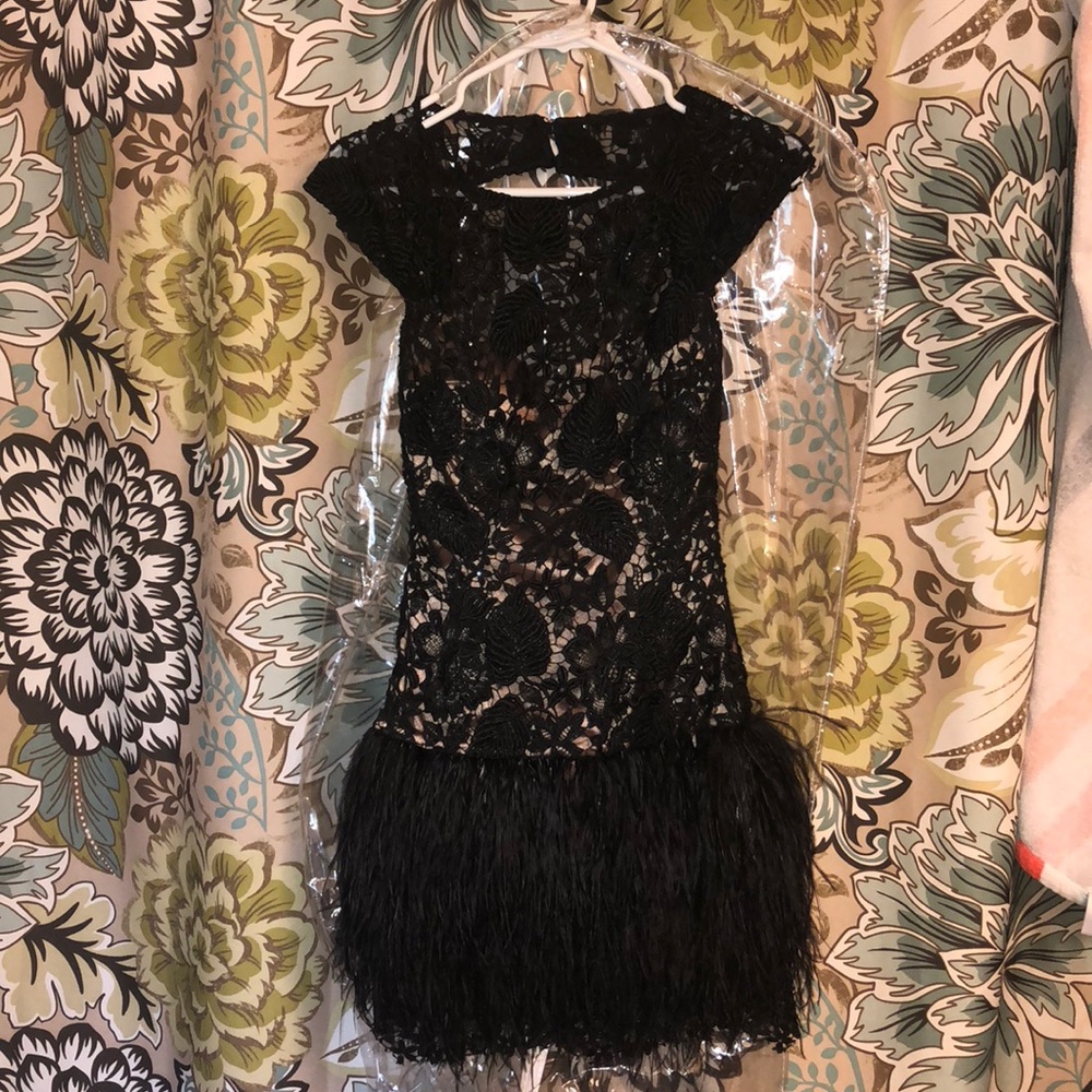 Open back lace and ostrich feather mini dress